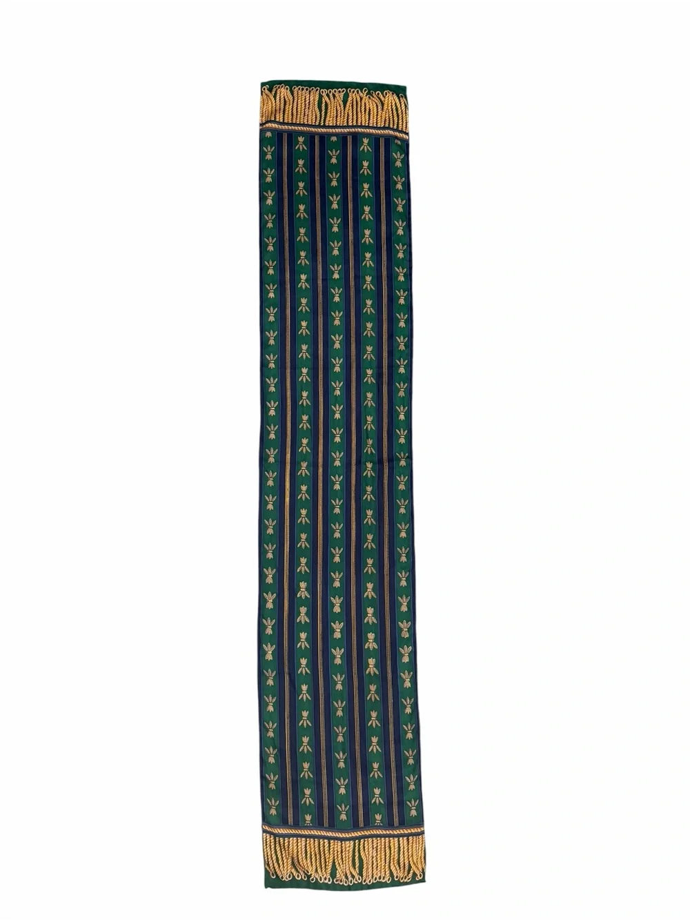 Vintage 100% Silk Scarf Green Navy Striped Gold Metallic Bee Fringe 10